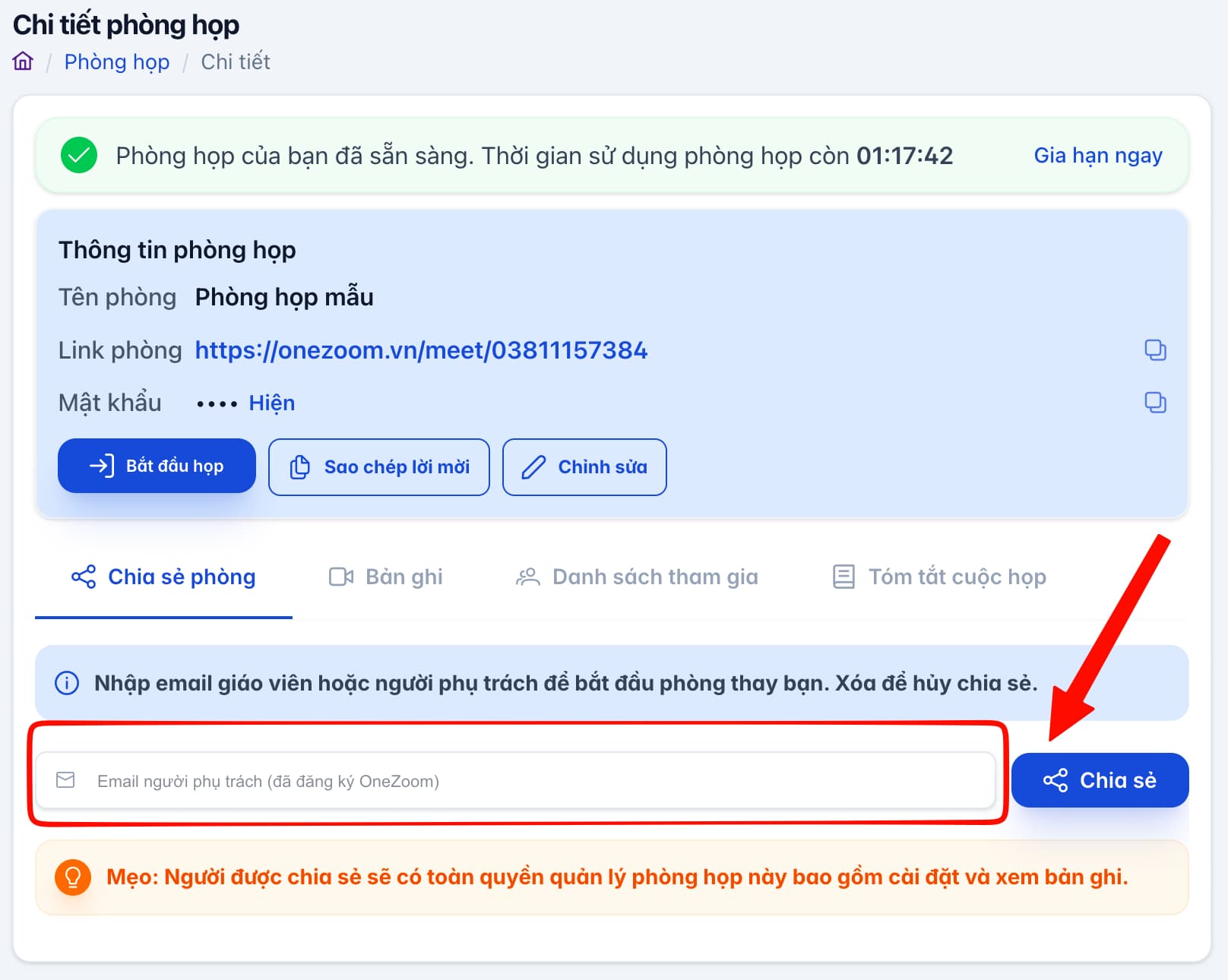 Chia sẻ ph&ograve;ng họp onezoom