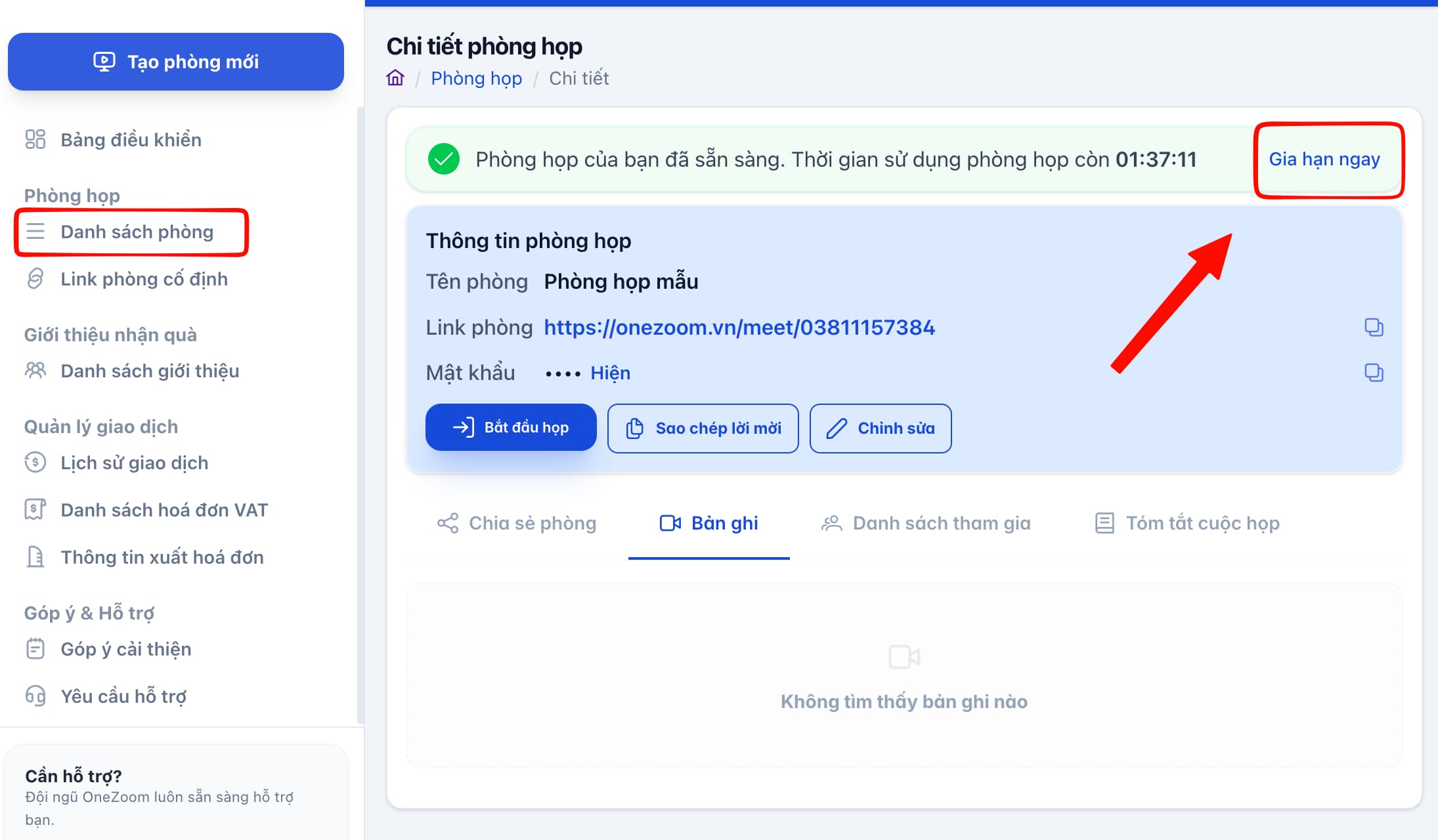 Chọn gia hạn thời gian tr&ecirc;n Onezoom