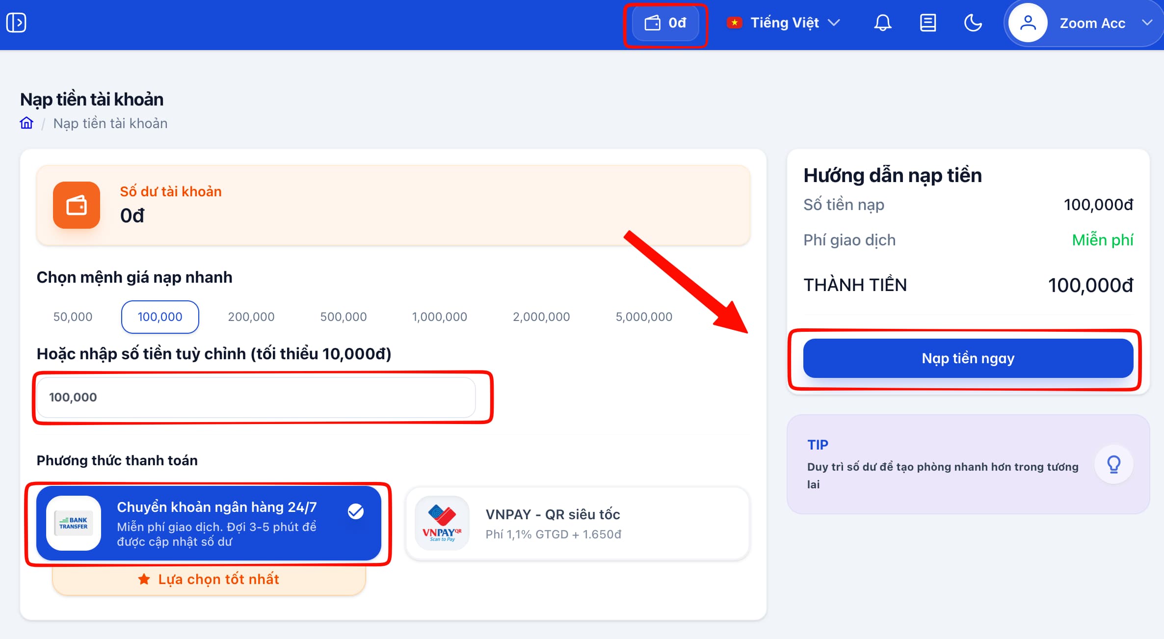 Nhập gi&aacute; trị v&agrave; bấm nạp